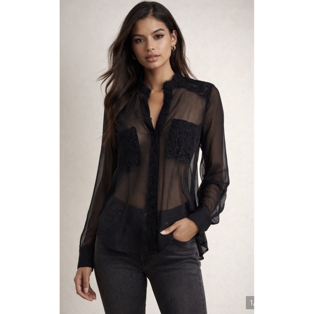 BCBGMAXAZRIA Black Sheer Silk Lace Trim Button Down Blouse Cutout Back Top